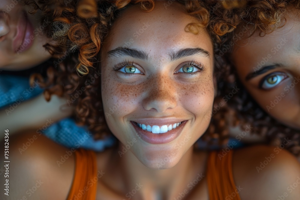 Overhead shot capturing the colorful and joyful faces of three youthful individuals with curly hair Overhead shot capturing the colorful and joyful faces of three youthful individuals with curly hair
