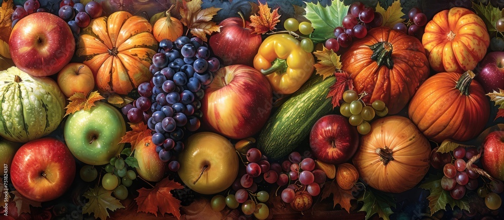 A painting depicting a colorful assortment of various fruits and vegetables arranged in a bountiful display.