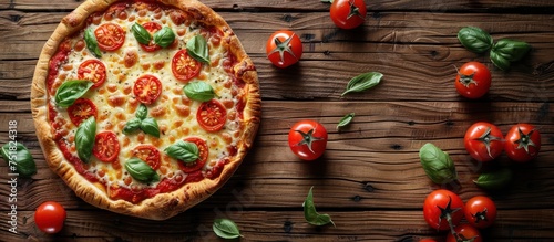 A freshly baked cheese pizza with vibrant tomato slices and puffed pastry crust rests invitingly on a rustic wooden table, surrounded by fresh basil leaves and whole tomatoes.