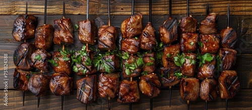 A variety of meats skewered on metal sticks arranged on a rack on a wooden table.
