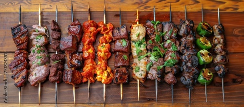 Various skewers of food with meat, vegetables, and fruit arranged on a rustic wooden table.