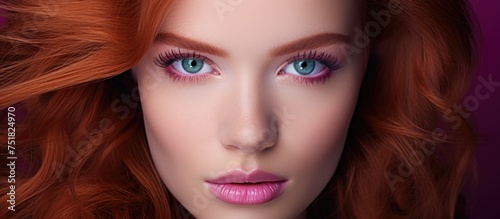 A detailed view of a woman with vibrant red hair, featuring a striking visage with multicolored eye makeup and pink lips.