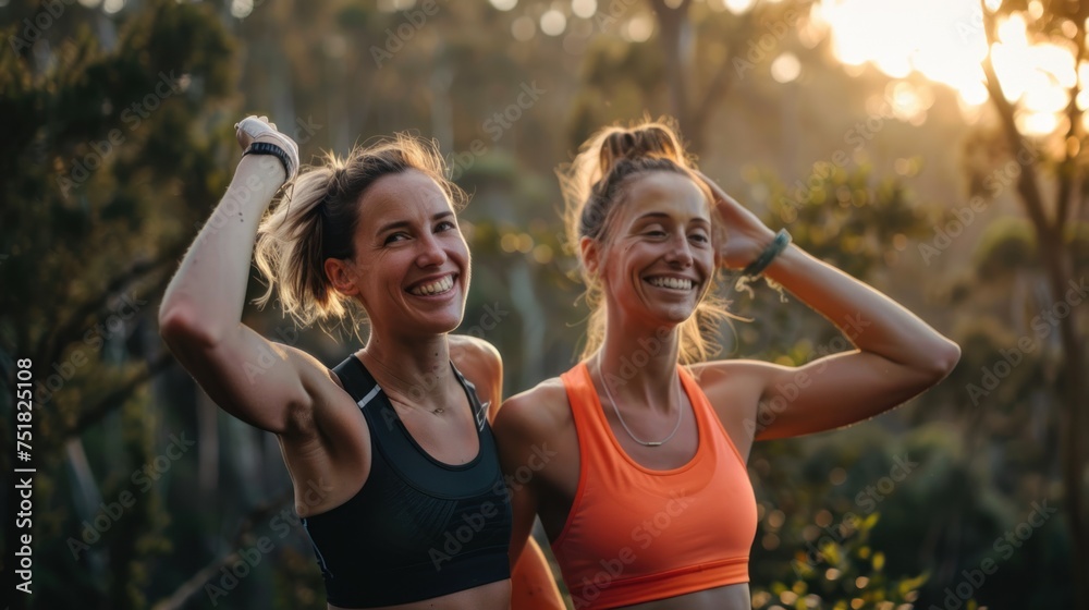 Obraz premium two charming fit women after jogging in the summer park