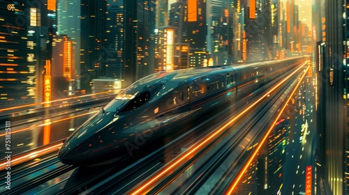 Dynamic high-speed train motion through futuristic cityscape