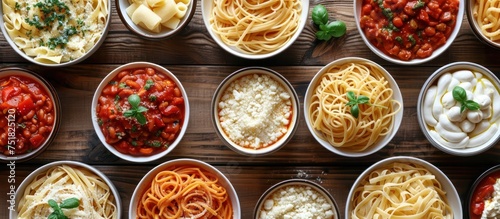 Different types of pasta bowls are arranged neatly on a table, showcasing a variety of shapes and colors.