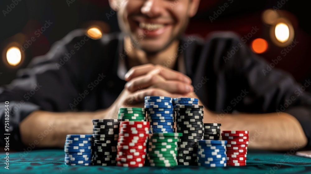 Focused gambler contemplating next move with poker chips in foreground