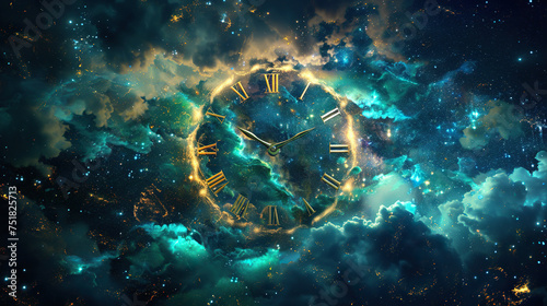 clock and time in universe ,dark neon background showing universe is a vast clockwork mechanism, with time as its intricate gears