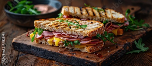 A ham and cheese sandwich is placed on a rustic wooden cutting board. The sandwich is ready to be served or cut into halves for sharing.
