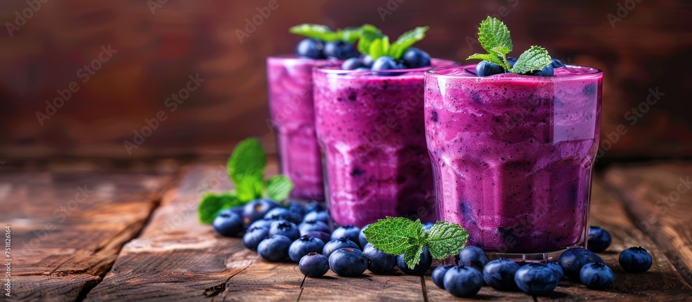 Three glasses filled with blueberry smoothie sit on a wooden table. Three glasses filled with blueberry smoothie sit on a wooden table.