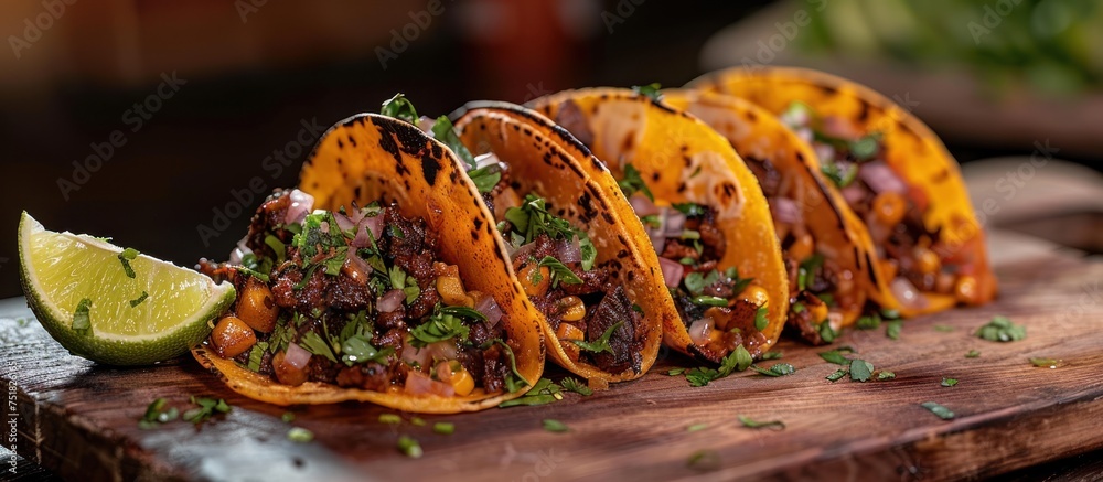 Fototapeta premium A wooden cutting board topped with three Mexican street tacos filled with various ingredients and accompanied by a lime.