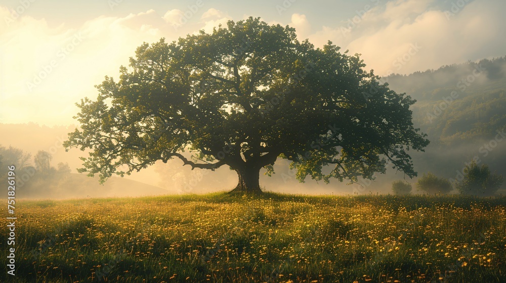 A solitary oak tree stands in a field of wildflowers with rays of sunlight filtering through its branches during a misty morning A solitary oak tree stands in a field of wildflowers with rays of sunlight filtering through its branches during a misty morning