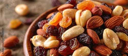 A wooden bowl is filled with a blend of nuts, raisins, and almonds, creating a wholesome and nutritious snack.