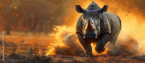 A powerful rhino charges through a field, exhaling flames from its mouth in a display of strength and aggression.