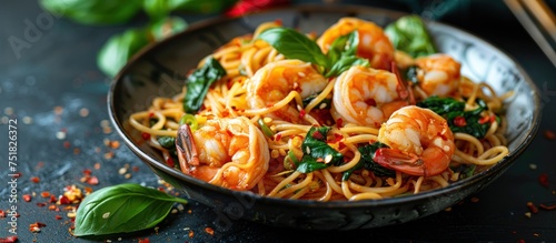 A plate filled with savory pasta noodles topped with succulent shrimp and fresh spinach leaves.