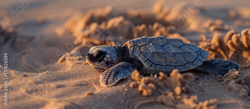 A baby Kemps Ridley sea turtle is crawling out of the sand on a beach.