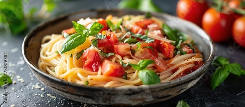 A bowl filled with al dente pasta, garnished with fresh tomatoes and basil leaves.