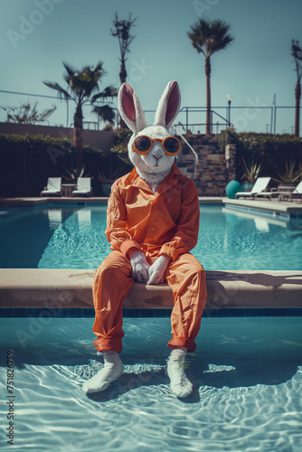 Hipster easter bunny enjoys at luxurious resort hotel at a swimming pool.