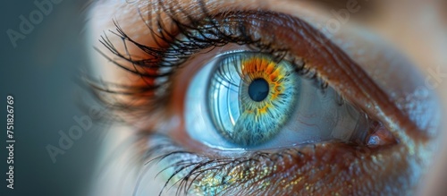 Detailed view of a persons blue eye, showcasing intricate details such as iris, pupil, and eyelashes.