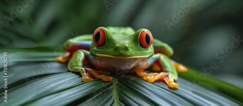 A green frog with red eyes perched on a leaf in its natural habitat.