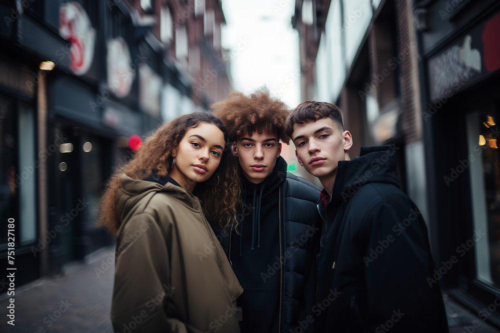 Diverse group of students looking at camera outdoors. Cool and confident teenagers group portrait Diverse group of students looking at camera outdoors. Cool and confident teenagers group portrait