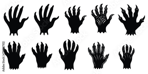 Halloween set of hands silhouettes with claws with twisted fingers vector isolated on white background