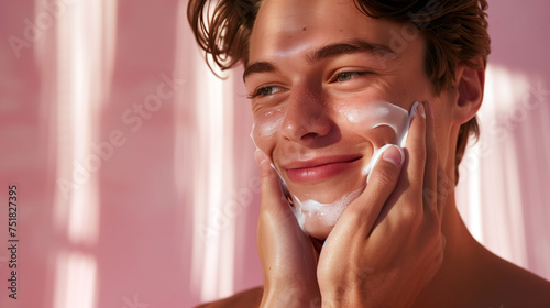 Radiant Young Man Applying Facial Cleanser, Morning Skincare Glow