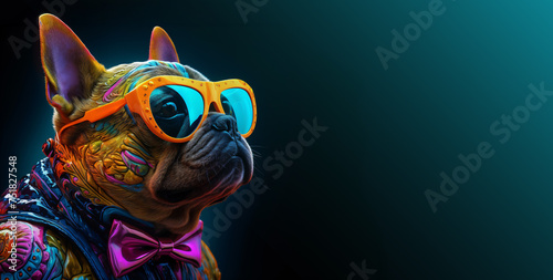 colorful french bulldog, crazy pug dog with neon glasses photo