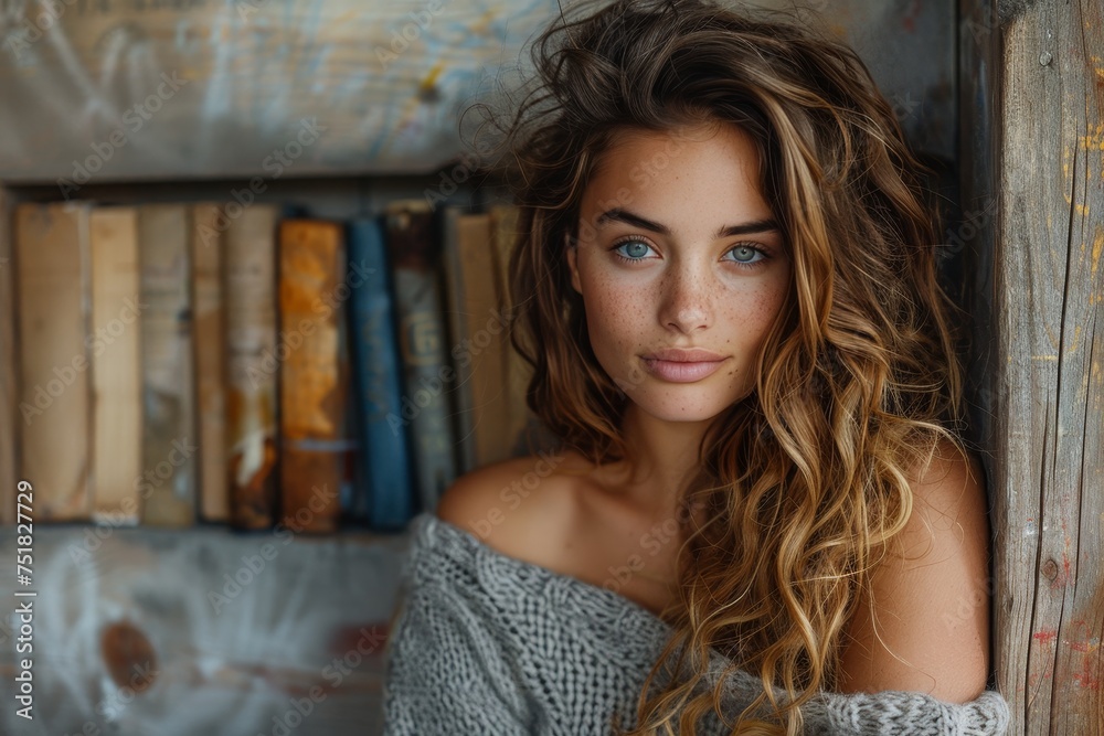 Fototapeta premium Casual portrait of a young woman with long wavy hair sitting among books