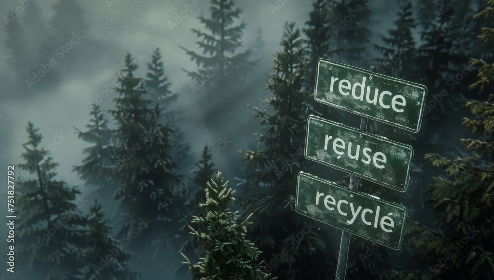 A Reduce, Reuse, Recycle sign emerges from the mist of a forest, its ...