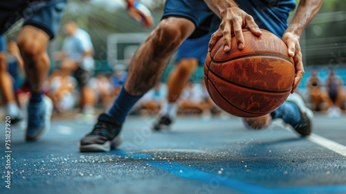 A group of men engaged in a lively game of basketball at an outdoor court. Dribbling, passing, shooting, and defending as they compete in the game