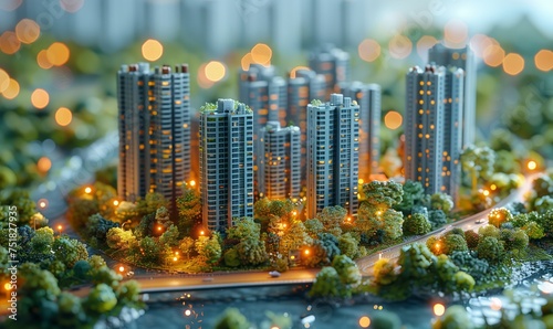 A city with skyscrapers  tower blocks  and condominiums surrounded by a natural landscape of trees. The urban design blends buildings with the world of nature  creating a unique cityscape