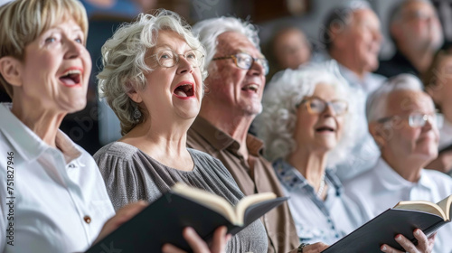 A choir of elderly individuals singing together in harmony, showcasing unity and musical collaboration