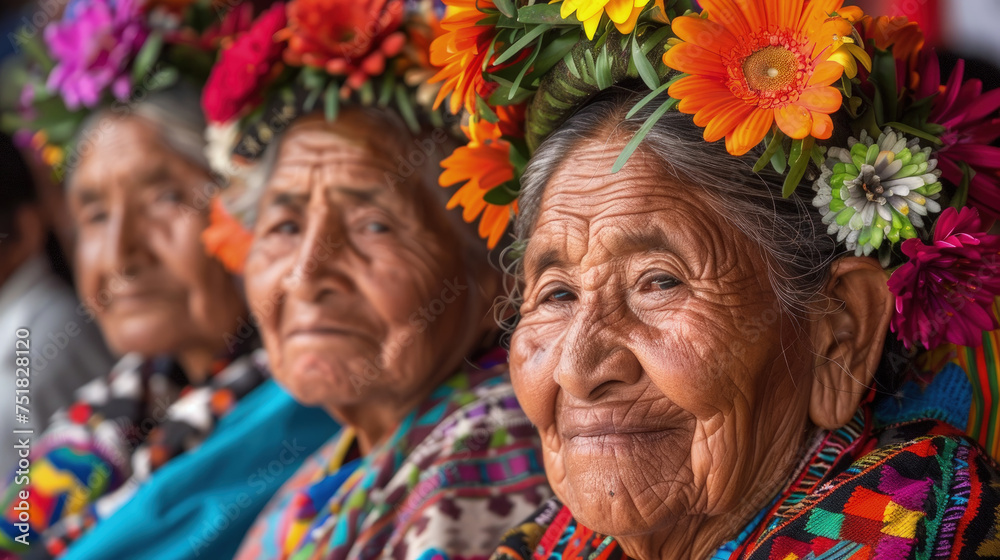 A group of elderly indigenous women donning vibrant floral crowns and traditional garments share a moment of joy with warm smiles
