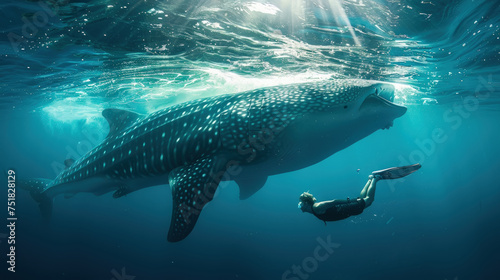 A man is swimming beside a large whale shark in the underwater depths photo