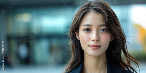 Korean young beautiful smiling woman on a blurred background of a city street, portrait, person, business lady, Asian girl, Japanese, eyes, black hair, beauty, walk, outside, people, Chinese