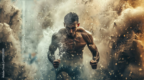 A muscular runner powers through a dramatic burst of water, showcasing strength and focus