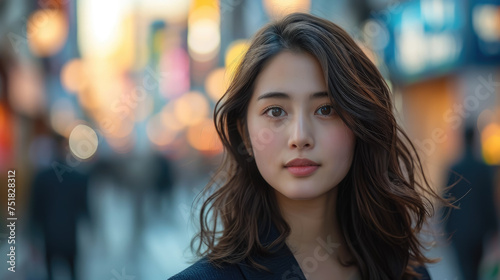 Korean young beautiful smiling woman on a blurred background of a city street, portrait, person, business lady, Asian girl, Japanese, eyes, black hair, beauty, walk, outside, people, Chinese