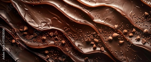 Melted dark chocolate waves sprinkled with chocolate shavings and crumbs.