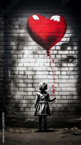 An Monochrome illustration of an Urban street art design, of a little girl holding a red love heart balloon photo