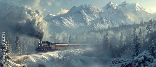 Vintage train steaming through a winter landscape with snow-clad mountains and dramatic clouds. © David