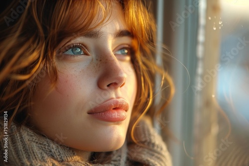 A woman in a cozy sweater basking in the golden glow of sunlight by the window, evoking warmth and relaxation photo