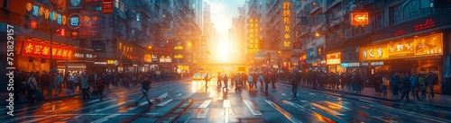 An electric blue sky looms over a blurry picture of people leisurely walking down a city street at sunset, creating a serene natural landscape amidst the citys hustle and bustle