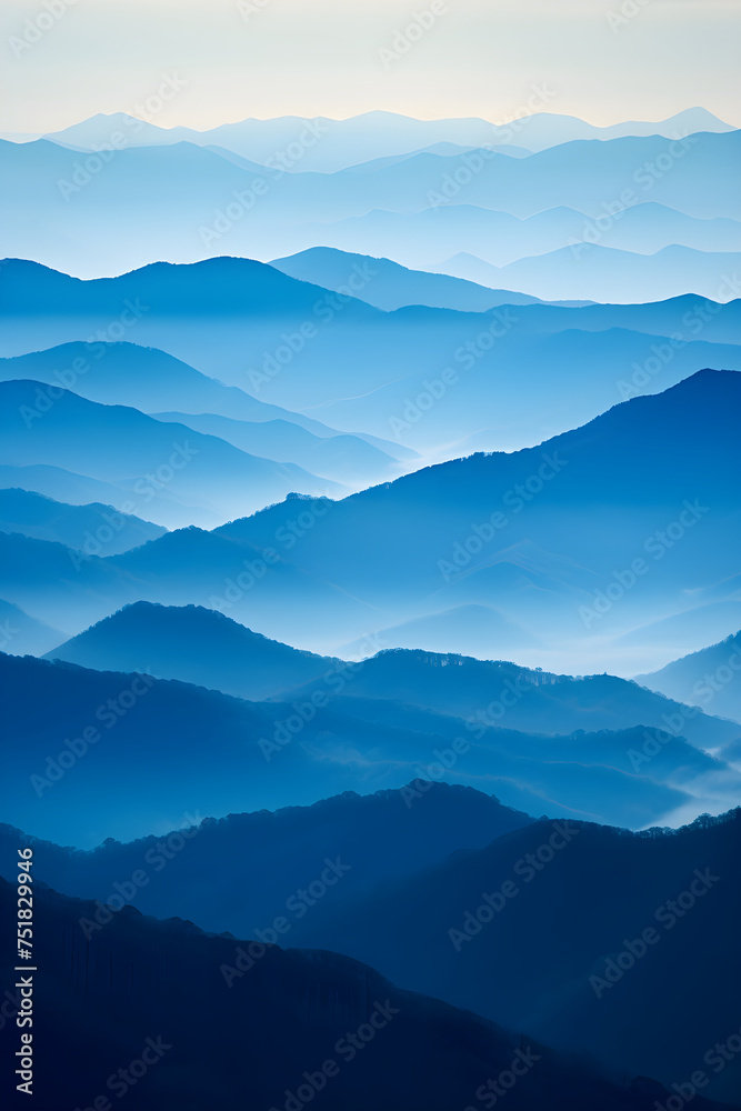 Blue Monochromatic Wonder: Spectacular Cascade of Foggy Mountains under Overcast sky