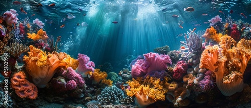 Vibrant underwater coral reef teeming with marine life