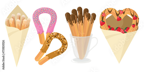 Set of sweet Spanish churros in cartoon style. Vector illustration of churros in shapes: sticks, horseshoe shape, hearts with colored sprinkles, powdered sugar, chocolate glaze, strawberries.