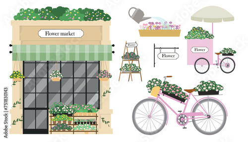 Set of flower shop elements in cartoon style. Vector of an elegant flower shop with hanging flower pots, a stand of flowerpots with colorful flowers, greenery, a signboard, a watering can, a bicycle.
