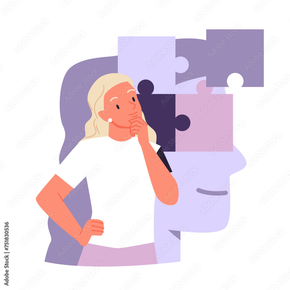 Find solutions to complex task, analytical thinking of personality, psychology. Thinking woman with ability to match puzzle pieces and solve problem, face silhouette behind cartoon vector illustration Find solutions to complex task, analytical thinking of personality, psychology. Thinking woman with ability to match puzzle pieces and solve problem, face silhouette behind cartoon vector illustration