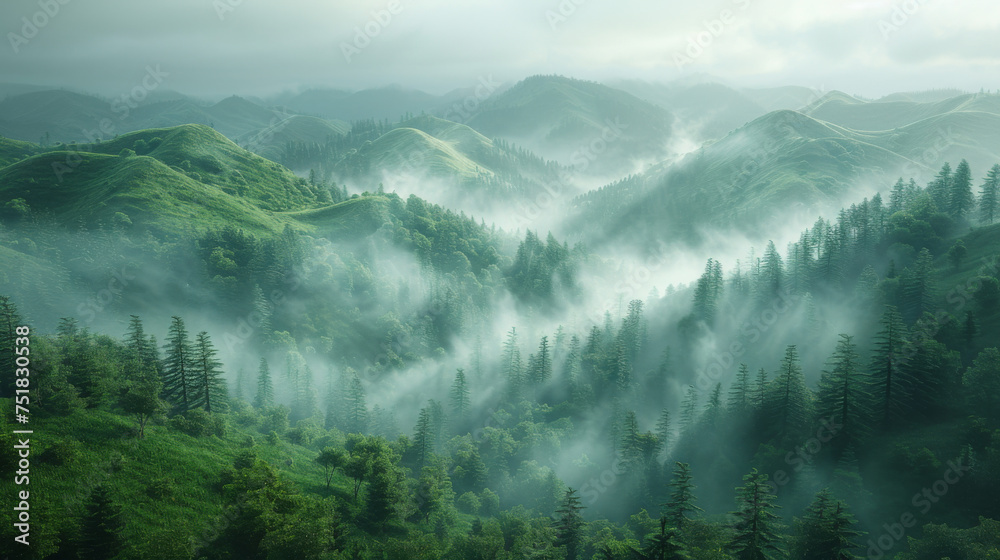 The hills in the fog. Morning landscape.