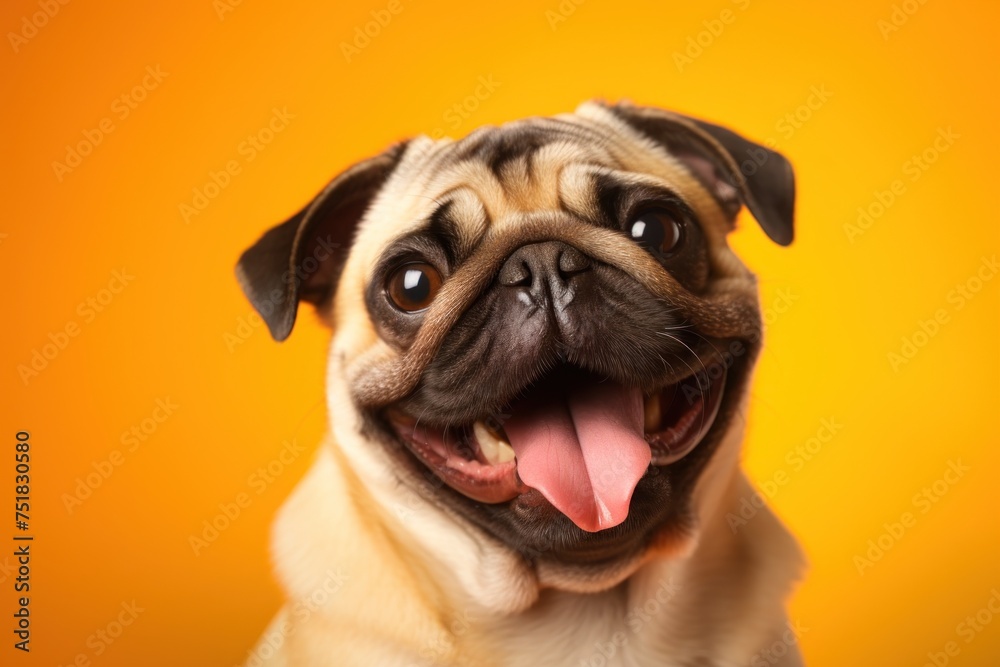 Face portrait of a smiling pug, studio yellow background