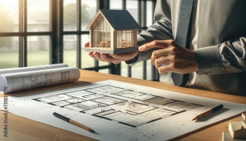 Architect displays a detailed model house over blueprints in a well-lit office setting.